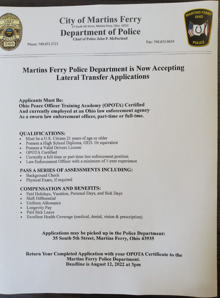 Martins Ferry Police Department is Now Accepting Lateral Transfer