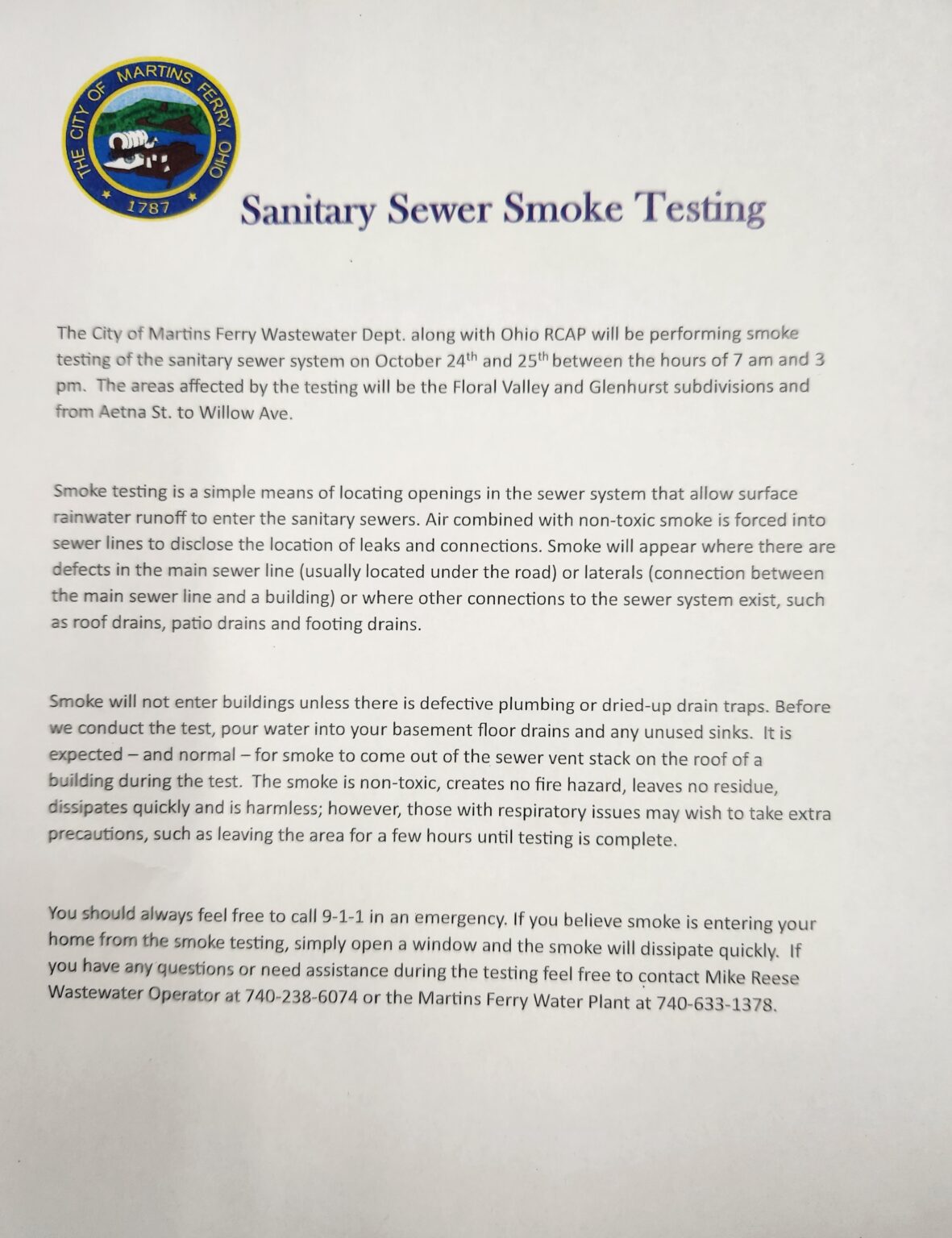 Sanitary Sewer Smoke Testing City of Martins Ferry